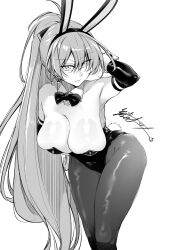 Rule 34 | 1girl, alternate breast size, alternate costume, animal ears, azur lane, bare shoulders, black leotard, black pantyhose, bow, bowtie, breasts, detached collar, earrings, fake animal ears, fake tail, greyscale, hair ornament, hanging breasts, highres, jean bart (azur lane), jewelry, large breasts, leaning forward, leotard, long hair, looking at viewer, monochrome, oriue wato, pantyhose, playboy bunny, ponytail, rabbit ears, rabbit tail, shiny clothes, shiny legwear, simple background, solo, strapless, strapless leotard, tail, very long hair, white background, wrist cuffs