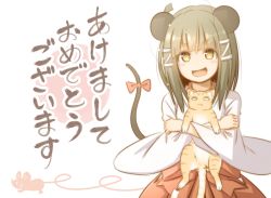Rule 34 | 1girl, :d, animal, animal ears, animal hug, black hair, blush, bow, brown eyes, cat, chinese zodiac, commentary request, fujisaki yuu, hair ornament, hakama, hakama skirt, japanese clothes, kimono, long sleeves, looking at viewer, miko, mouse ears, mouse girl, mouse tail, new year, open mouth, original, red bow, red hakama, skirt, smile, solo, tail, tail bow, tail ornament, tail raised, translation request, white background, white kimono, wide sleeves, year of the rat