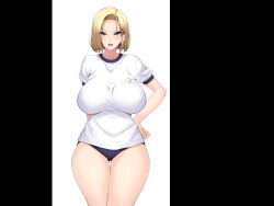 Rule 34 | 1girl, android 18, angry, blonde hair, blue eyes, blush, breasts, buruma, dragon ball, dragonball z, earrings, gym uniform, hand on own hip, highres, huge breasts, jewelry, legs, looking at viewer, mochi kuu usagi, open mouth, sagging breasts, short hair, simple background, solo, standing, thighs