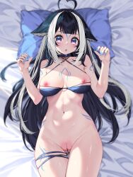 Rule 34 | 1girl, ahoge, animal ears, arm tattoo, bikini, bikini top only, blue eyes, blue hair, blue nails, blurry, blurry background, breast tattoo, breasts, breasts out, cat, cat ears, cleft of venus, curvy, ears, exposed chest, facial tattoo, heart-shaped ahoge, highres, indie virtual youtuber, long hair, lying, medium breasts, nipples, orca, pillow, pussy, pussy juice, pussy juice drip, pussy juice trail, shylily, solo, stomach, surprised, swimsuit, tattoo, leg tattoo, thigh strap, thighs, virtual youtuber, waterring, white hair, wide hips