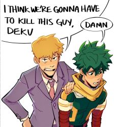 Rule 34 | 2boys, blonde hair, boku no hero academia, commentary, crossover, english commentary, english text, formal, freckles, green eyes, green hair, grey jacket, habkart, hand on another&#039;s shoulder, i think we&#039;re gonna have to kill this guy steven (meme), jacket, long sleeves, looking at viewer, male focus, meme, midoriya izuku, mob psycho 100, multiple boys, necktie, open mouth, reigen arataka, short hair, simple background, speech bubble, suit, upper body, white background