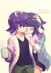 2girls black_hair black_shorts blue_eyes blue_hair blush closed_mouth cowlick creatures_(company) cup dot_(pokemon) drinking_glass eyelashes game_freak hair_ornament hair_over_eyes hairclip hand_on_another&#039;s_head highres holding holding_cup jacket liko_(pokemon) long_sleeves multicolored_hair multiple_girls mutsuki_(tsugaidanuki) nintendo open_clothes pants pink_hair pokemon pokemon_(anime) pokemon_horizons purple_eyes purple_hair shirt short_hair shorts smile tank_top white_shirt