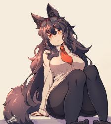 Rule 34 | 1girl, animal ear fluff, animal ears, arm support, black hair, black pantyhose, black shorts, breasts, brown background, collared shirt, commentary request, dated, dress shirt, feet out of frame, hair between eyes, head tilt, karimiya chiko, kuromiya, large breasts, pantyhose under shorts, long hair, long sleeves, looking at viewer, necktie, no shoes, original, pantyhose, red eyes, red necktie, shirt, short necktie, short shorts, shorts, signature, sleeves past wrists, solo, tail, very long hair, white shirt