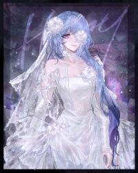 1girl absurdres alternate_costume bare_shoulders black_border blue_hair border braid breasts bridal_veil bride catvnuf character_name chinese_commentary choker cleavage collarbone commentary_request detached_sleeves dress earrings flower_choker flower_in_eye hair_over_shoulder hamel_(path_to_nowhere) highres jewelry long_hair looking_at_viewer medium_breasts one_eye_covered path_to_nowhere pearl_earrings pearl_hair_ornament purple_background purple_eyes see-through_skirt_layer smile solo straight-on strapless strapless_dress symbol_in_eye upper_body veil wedding_dress white_choker white_dress
