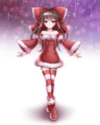 Rule 34 | 1girl, :3, adapted costume, ankle boots, bad id, bad pixiv id, bare shoulders, boots, bow, brown eyes, brown hair, christmas, collarbone, detached sleeves, dress, full body, fur boots, fur trim, hair bow, hair tubes, hakurei reimu, large bow, light smile, long hair, looking at viewer, pan (spesy51), pantyhose, red dress, red footwear, santa boots, santa costume, snow boots, solo, striped clothes, striped legwear, striped pantyhose, touhou, wide sleeves, ||/