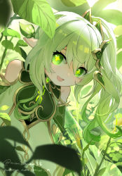 Rule 34 | 1girl, armlet, artist name, bare shoulders, english text, genshin impact, green eyes, green hair, hair ornament, highres, leaf, long hair, looking at viewer, mimi n, nahida (genshin impact), open mouth, pointy ears, side ponytail, sleeveless, smile, twitter username, watermark, web address