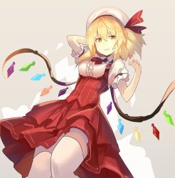 Rule 34 | 1girl, adapted costume, alternate eye color, ascot, bat wings, blonde hair, blouse, bow, breasts, commentary request, crystal, falken (yutozin), flandre scarlet, hair between eyes, hand on own head, hat, hat bow, hat ribbon, highres, legs together, looking at viewer, medium breasts, medium hair, mob cap, one-hour drawing challenge, open mouth, puffy short sleeves, puffy sleeves, red ascot, red skirt, ribbon, sepia background, shirt, short sleeves, side ponytail, skirt, solo, standing, thighhighs, touhou, vest, white shirt, wings, yellow eyes