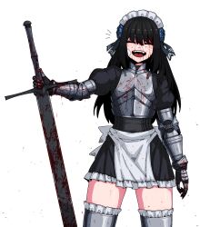 Rule 34 | 1girl, apron, armor, bandage on face, bandages, black hair, blood, blood on clothes, blood on face, breastplate, closed eyes, fingerless gloves, formicid, gloves, greatsword, highres, maid, maid apron, maid headdress, miniskirt, open mouth, original, skirt, sword, thighhighs, weapon, white background