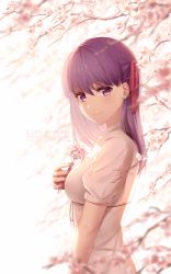 Rule 34 | 1girl, artist name, blurry, blush, breasts, cherry blossoms, closed mouth, depth of field, dress, fate/stay night, fate (series), flower, from side, hair ribbon, holding, holding flower, long hair, looking at viewer, looking to the side, matou sakura, medium breasts, official alternate costume, purple eyes, purple hair, red ribbon, ribbon, rimuu, short sleeves, smile, solo, upper body, watermark, web address, white background, white dress