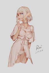 Rule 34 | 1girl, absurdres, ajirui, artist name, au ra, warrior of light (ff14), blonde hair, blue eyes, braid, choker, commentary request, cowboy shot, cropped legs, crown braid, dated, dragon horns, dress, final fantasy, final fantasy xiv, grey background, hand to own mouth, hand up, highres, horns, jewelry, looking at viewer, necklace, panties, red lips, scales, short hair, short sleeves, simple background, solo, underwear, white dress, white panties