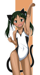 Rule 34 | 1girl, animal ears, arm up, cat ears, cat tail, collarbone, competition swimsuit, covered navel, cowboy shot, dark-skinned female, dark skin, fang, flat chest, francesca lucchini, green eyes, green hair, hair ribbon, highres, komusou (jinrikisha), long hair, matching hair/eyes, one-piece swimsuit, open mouth, outline, ribbon, smile, solo, strike witches, swimsuit, tail, twintails, world witches series