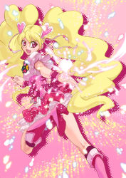Rule 34 | 00s, 1girl, :d, blonde hair, boots, bow, choker, corset, cure peach, earrings, fresh precure!, frilled skirt, frills, hair ornament, hairpin, heart, heart hair ornament, highres, jewelry, knee boots, long hair, magical girl, momozono love, open mouth, pink bow, pink eyes, pink footwear, precure, skirt, smile, solo, thigh boots, thighhighs, twintails, uyoshi, very long hair, wrist cuffs