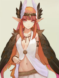 Rule 34 | 1girl, aqua eyes, armlet, bare shoulders, belt, bracelet, breasts, brown wings, circe (fate), closed mouth, collarbone, fate/grand order, fate (series), feathered wings, head wings, headpiece, jewelry, long hair, looking at viewer, miniskirt, multicolored eyes, navel, necklace, pink eyes, pointy ears, sidelocks, simple background, skirt, small breasts, solo, white skirt, wifc, wings