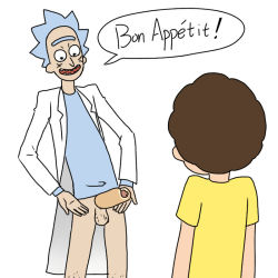 Rule 34 | 2boys, adult swim, brown hair, hot dog, lab coat, mortimer smith, morty smith, multiple boys, penis hot dog, rick and morty, rick sanchez, tagme, testicles, yaoi
