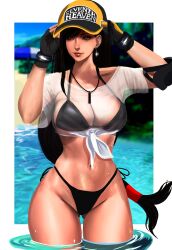 Rule 34 | 1girl, adjusting clothes, adjusting headwear, baseball cap, beach, bikini, black bikini, black gloves, black hair, blurry, blurry background, breasts, cleavage, closed mouth, crisis core final fantasy vii, drop earrings, earrings, final fantasy, final fantasy vii, final fantasy vii ever crisis, fingerless gloves, gloves, gluteal fold, hand on headwear, hat, highleg, highleg bikini, highres, jewelry, kittymiya, large breasts, light smile, long hair, looking to the side, low-tied long hair, navel, necklace, ocean, official alternate costume, partially submerged, red eyes, ripples, see-through, see-through shirt, shirt, short sleeves, side-tie bikini bottom, solo, swimsuit, tied shirt, tifa lockhart, tifa lockhart (lifeguard), two-tone gloves, two-tone headwear, umbrella, very long hair, wading, wet, wet clothes, wet shirt, white shirt, yellow gloves, yellow hat