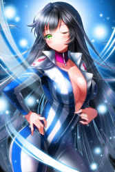 Rule 34 | 1girl, aile (crossroads), biker clothes, bikesuit, black hair, blush, bodysuit, breasts, cleavage, green eyes, hand on own hip, large breasts, looking at viewer, one eye closed, solo, striped, sword girls, unzipping, wink