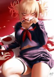 Rule 34 | 1girl, black thighhighs, blonde hair, blood, blood on face, blue shirt, blunt bangs, boku no hero academia, breasts, cleavage, commentary, double bun, evil smile, foreshortening, guro, hair bun, hand up, highres, holding, holding knife, knee up, knife, large breasts, long sleeves, looking at viewer, messy hair, miniskirt, navel, neckerchief, open mouth, pleated skirt, pool of blood, school uniform, serafuku, shadow, shirt, signature, skirt, slit pupils, smile, solo focus, stab, thigh strap, thighhighs, thighs, toga himiko, yellow eyes, zasshu
