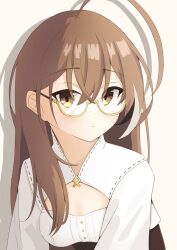 Rule 34 | 1girl, absurdres, ahoge, brown corset, brown eyes, brown hair, cleavage cutout, clothing cutout, corset, crossed bangs, double-parted bangs, glasses, hair between eyes, highres, hololive, hololive english, long hair, looking at viewer, mr cookiew, multicolored hair, nanashi mumei, nanashi mumei (1st costume), official alternate hairstyle, round eyewear, shirt, streaked hair, virtual youtuber, white shirt