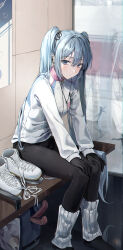 Rule 34 | 1girl, absurdres, bag, bench, black gloves, black pantyhose, blue eyes, blue hair, blush, closed mouth, commentary, cross-laced footwear, earbuds, earphones, ekina (1217), figure skating, from side, full body, gloves, hair between eyes, hands on own knees, hatsune miku, high collar, highres, ice skates, indoors, jacket, knees together feet apart, leaning forward, long hair, long sleeves, looking at viewer, no shoes, pantyhose, poster (object), raised eyebrows, reflection, shoes, unworn shoes, sidelocks, sitting, skates, skating rink, solo, twintails, vocaloid, white jacket, white leg warmers, window, zipper pull tab