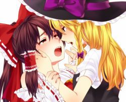 Rule 34 | 2girls, bad id, bad pixiv id, blonde hair, blush, bow, brown hair, female focus, hair bow, hair tubes, hakurei reimu, holding hands, hand on another&#039;s cheek, hand on another&#039;s face, hat, interlocked fingers, kiri futoshi, kirisame marisa, multiple girls, open mouth, red eyes, touhou, upper body, witch hat, yuri