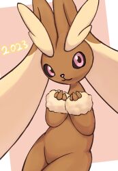 Rule 34 | 1girl, :3, black sclera, body fur, border, brown fur, closed mouth, colored sclera, cowboy shot, creatures (company), dated, female focus, furry, furry female, game freak, gen 4 pokemon, groin, hands up, happy, highres, looking at viewer, lopunny, nintendo, outside border, own hands together, pink background, pink eyes, pokemon, pokemon (creature), rabbit ears, rabbit girl, reka (reka730), simple background, smile, solo, standing, two-tone fur, white border, yellow fur