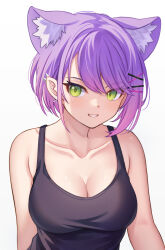 Rule 34 | 1girl, absurdres, animal ear fluff, animal ears, aoi zerii, bare shoulders, blush, breasts, cat ears, cleavage, collarbone, ear piercing, gradient hair, green eyes, hair ornament, hairclip, highres, hololive, large breasts, looking at viewer, multicolored hair, piercing, pink hair, purple hair, short hair, streaked hair, swept bangs, teeth, tokoyami towa, virtual youtuber, x hair ornament