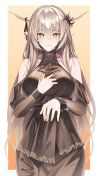 Rule 34 | 1girl, absurdres, arknights, black dress, breasts, commentary request, cowboy shot, dress, grey hair, highres, horns, large breasts, long hair, long sleeves, looking at viewer, pointy ears, r oot, shining (arknights), solo, standing, very long hair, yellow eyes