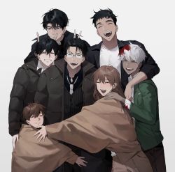 Rule 34 | 1girl, 6+boys, ^ ^, arm around shoulder, black coat, black hair, blood, blood in hair, blood on clothes, brown hair, buttoned cuffs, buttons, closed eyes, coat, collared shirt, expressionless, glasses, grin, hair between eyes, han myungoh, highres, hug, huh 1222, jacket, kim dokja, kim namwoon, lee gilyoung, lee hyunsung, long hair, multiple boys, necktie, omniscient reader&#039;s viewpoint, one eye closed, open clothes, open jacket, open mouth, school uniform, shirt, short hair, smile, v, white background, white hair, white necktie, white shirt, yoo joonghyuk, yoo sangah
