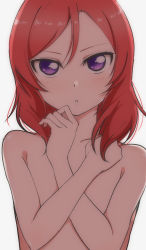 Rule 34 | 10s, 1girl, :o, absurdres, alternate breast size, blush, completely nude, covering privates, covering chest, flat chest, grey background, hands up, highres, looking at viewer, love live!, love live! school idol project, nishikino maki, nude, parted lips, purple eyes, red hair, short hair, simple background, solo, upper body, wewe
