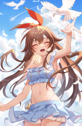 Rule 34 | 1girl, :d, absurdres, amber (genshin impact), animal, arm up, armpits, bare arms, bare shoulders, bird, blue shirt, blue skirt, breasts, brown hair, choker, cleavage cutout, clothing cutout, cowboy shot, criss-cross halter, crop top, closed eyes, facing viewer, feathers, frilled shirt, frills, genshin impact, gou lianlian dogface, hair ribbon, halterneck, highleg, highres, jewelry, long hair, medium breasts, midriff, miniskirt, navel, necklace, open mouth, pleated skirt, ribbon, shirt, short shorts, shorts, shorts under skirt, skirt, sleeveless, sleeveless shirt, smile, solo, standing, stomach, wet, white choker, white shorts