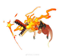 absurdres animal_focus breath_weapon breathing_fire chinese_commentary claws commentary_request creatures_(company) di_yingli_bu_anmian_zhen fire full_body game_freak highres nintendo no_humans open_mouth pokemon simple_background skeledirge slit_pupils solo white_background yellow_eyes