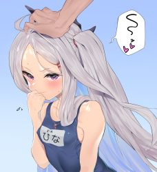Rule 34 | 1boy, 1girl, absurdres, blue archive, blue one-piece swimsuit, blush, flying sweatdrops, grey hair, hair ornament, hairclip, headpat, highres, hina (blue archive), hina (swimsuit) (blue archive), horns, long hair, one-piece swimsuit, osanpo02, parted bangs, purple eyes, school swimsuit, swimsuit, twintails, very long hair, whistle, whistle around neck