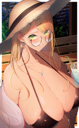 Rule 34 | 1girl, absurdres, banitya, bare shoulders, bench, bendy straw, bikini, black bikini, blonde hair, blush, breasts, cleavage, closed mouth, collarbone, commentary request, cup, day, drinking straw, earrings, eyelashes, fingernails, green eyes, hair ornament, hairclip, halterneck, hat, highres, holding, holding cup, jewelry, large breasts, long fingernails, long hair, looking at viewer, necklace, off shoulder, original, outdoors, parted bangs, round eyewear, skindentation, smile, solo, straw hat, string bikini, sun hat, sweat, swept bangs, swimsuit, upper body, very long hair