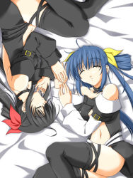 Rule 34 | 2girls, alternate color, arc system works, blue hair, dizzy (guilty gear), dual persona, guilty gear, lowres, lying, multiple girls, on back, on side, palette swap, red eyes, sleeping, thighhighs, wings