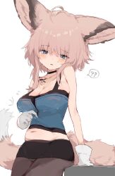 Rule 34 | 1girl, ?, ??, ahoge, alternate breast size, animal ears, arknights, bare arms, bare shoulders, black choker, black pantyhose, black skirt, blue eyes, blush, breasts, choker, cleavage, fox ears, fox girl, fox tail, gloves, highres, large breasts, material growth, midriff, miniskirt, navel, open mouth, oripathy lesion (arknights), pantyhose, pencil skirt, pink hair, short hair, skirt, solo, spoken question mark, sussurro (arknights), tail, unitedunti, white gloves