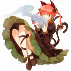 Rule 34 | 1girl, animal ears, blush, bow, braid, cat ears, cat tail, convenient leg, covering own mouth, crossed legs, dress, frilled dress, frilled sleeves, frills, full body, hair bow, hitodama, holding, juliet sleeves, kaenbyou rin, leg ribbon, long hair, long sleeves, looking at viewer, multiple tails, nail polish, no socks, puffy sleeves, red eyes, red hair, ribbon, shoes, simple background, solo, sumirou-kun, tail, touhou, twin braids, upskirt, white background