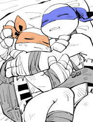 Rule 34 | 2boys, affectionate, animification, brothers, closed eyes, commentary request, cuddling, furry, furry male, leonardo (tmnt), male focus, mask, michelangelo (tmnt), moime, multiple boys, siblings, simple background, sleeping, teenage mutant ninja turtles, turtle boy, white background