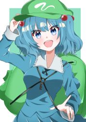 Rule 34 | 1girl, backpack, bag, blue eyes, blue hair, blue shirt, blue skirt, breasts, commentary, flat cap, green background, green hat, hair bobbles, hair ornament, hand on headwear, hat, highres, kawashiro nitori, key, long sleeves, looking at viewer, medium breasts, open mouth, shirt, skirt, solo, suzuki niboshi, teeth, touhou, two side up, upper body, upper teeth only