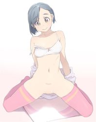 Rule 34 | 1girl, bad id, bad pixiv id, black hair, bottomless, bra, breasts, brown eyes, hayyan, mirror, navel, no panties, no pussy, off shoulder, open clothes, open shirt, original, shirt, short hair, small breasts, solo, spread legs, strap slip, thighhighs, underwear, underwear only