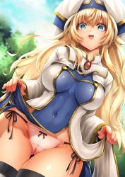 Rule 34 | 10s, 1girl, absurdres, blonde hair, blue eyes, breasts, cameltoe, clothes lift, covered navel, cowboy shot, dress, goblin slayer!, gold trim, hat, highres, huge filesize, lifting own clothes, long sleeves, looking at viewer, makurao, medium breasts, naughty face, open mouth, panties, priestess (goblin slayer!), side-tie panties, skirt, skirt lift, smile, solo, sweatdrop, textless version, thighhighs, underwear