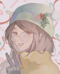Rule 34 | 1girl, animification, beanie, black gloves, brown eyes, brown hair, candy, candy cane, christmas, ear piercing, food, from side, glasses, gloves, hair behind ear, hat, highres, holly, jacket, killjoy (valorant), long hair, looking at viewer, parted lips, piercing, red ribbon, ribbon, round eyewear, smile, solo, sumi (suumiko ), v, valorant, yellow jacket
