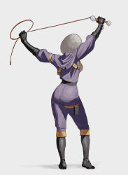 Rule 34 | 1girl, absurdres, arms up, ass, boots, contrapposto, from behind, full body, gloves, grey background, grey hair, highres, simple background, solo, some1else45, the king of fighters, whip, whip (kof)