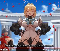 Rule 34 | 2girls, absurdres, ahoge, blonde hair, blue bow, blue hair, bow, breasts, center opening, closed eyes, cosplay, costume switch, detached sleeves, dress, fate/grand order, fate (series), hair intakes, hands on own hips, hh (hehexd06161704), highleg, highres, hololive, hololive english, large breasts, livestream, multiple girls, nero claudius (fate), nero claudius (fate) (all), nero claudius (fate/extra), nero claudius (fate/extra) (cosplay), ouro kronii, ouro kronii (1st costume), ouro kronii (cosplay), petals, red dress, skirt, unworn skirt, thighhighs, virtual youtuber, youtube