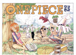 Rule 34 | 1990s (style), 1998, 1girl, 3boys, abs, bag, barefoot, black hair, black pants, book, color spread, colorspread, copyright name, cover, cover page, eating, feet, garden, green hair, highres, hoe, house, indian style, monkey d. luffy, multiple boys, muscular, nami (one piece), oda eiichirou, official art, one piece, orange hair, outdoors, overalls, pants, pink shirt, roronoa zoro, running, sandals, scenery, shirt, shorts, sitting, sleeping, smile, squid, sword, topless, tree, usopp, wado ichimonji, weapon, white shirt, worktool