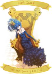 Rule 34 | 1girl, alternate color, bare shoulders, blue hair, head rest, crown, dress, flower, frills, hair flower, hair ornament, highres, jewelry, necklace, newman, phantasy star, phantasy star online 2, pointy ears, ponytail, rappy, sitting, solo, sparkle, strapless, strapless dress, throne, wedding dress, wisespeak