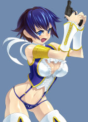 Rule 34 | 1girl, armpits, arms up, ascot, ass, atlus, bare shoulders, blue background, blue eyes, blue hair, blush, breasts, cleavage, detached sleeves, gun, handgun, high-cut armor (persona), highres, ippo, large breasts, looking back, matching hair/eyes, open mouth, persona, persona 4, revolver, shirogane naoto, short hair, simple background, solo, tears, weapon