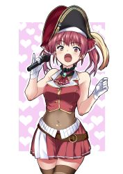 Rule 34 | 1girl, absurdres, belt, breasts, cleavage, covered navel, cowboy shot, fangs, gloves, hat, heart, heart background, heterochromia, highres, hololive, houshou marine, koyashi24, medium breasts, microphone, miniskirt, pirate hat, pleated skirt, red eyes, red hair, see-through, see-through cleavage, skirt, solo, thighhighs, twintails, virtual youtuber, white gloves, yellow eyes, zettai ryouiki