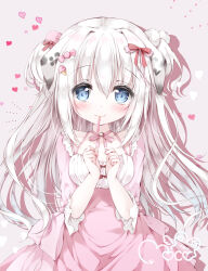 Rule 34 | 1girl, animal ears, artist request, blue eyes, blush, breasts, candy hair ornament, choker, cleavage, dalmatian, dog ears, dog girl, dress, food, food-themed hair ornament, food in mouth, hair ornament, hair ribbon, heart, highres, ice cream hair ornament, long hair, long sleeves, looking at viewer, medium breasts, moco ofuton, mouth hold, original, pocky, pocky in mouth, pom pom (clothes), pom pom hair ornament, ribbon, ribbon choker, small breasts, smile, solo, two side up, very long hair, white hair