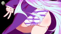 Rule 34 | 10s, 1girl, absurdres, ass, ass focus, bad id, bad pixiv id, black thighhighs, blue panties, close-up, gradient hair, highres, long hair, multicolored hair, no game no life, panties, robe, shiro (no game no life), simple background, striped clothes, striped panties, thighhighs, thighs, underwear, v, very long hair, watermark, yielder