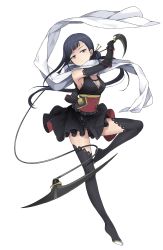 Rule 34 | 1girl, black gloves, black hair, black skirt, black thighhighs, blue eyes, blunt bangs, breasts, cleavage, frilled skirt, frills, full body, gloves, hair ornament, hair stick, hand up, highres, holding, holding weapon, long hair, looking at viewer, medium breasts, no shoes, oboro (princess principal), official art, princess principal, princess principal game of mission, scarf, simple background, skirt, solo, standing, standing on one leg, thighhighs, transparent background, weapon, white scarf